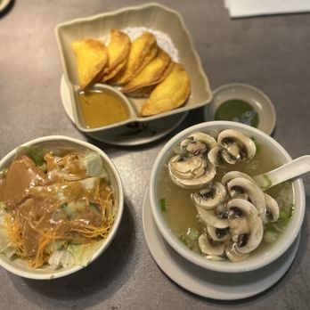 Ahi Asian Bistro - House Salad, Clear Soup, & Crab Rangoons - Sushi Bars Near Me - Tampa, Florida