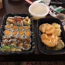 Delivery: sushi combo D with miso soup, veggie tempura, and added spicy mayo (+$1)