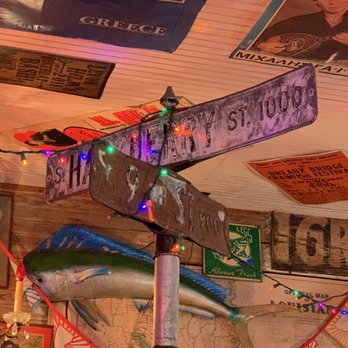 Hill Top Cafe - street signs on the ceiling - Greek Near Me - Fredericksburg, Texas