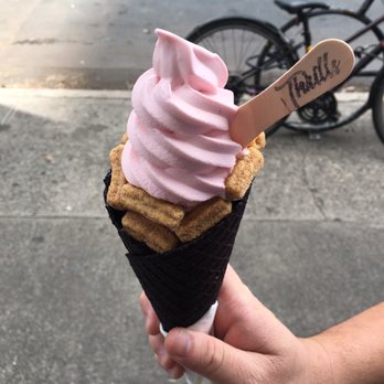 Thrills Soft Serve - Strawberry milk in a chocolate waffle cone with cinnamon toast churros cereal on top. - Ice Cream & Frozen Yogurt Near Me - Honolulu, Hawaii