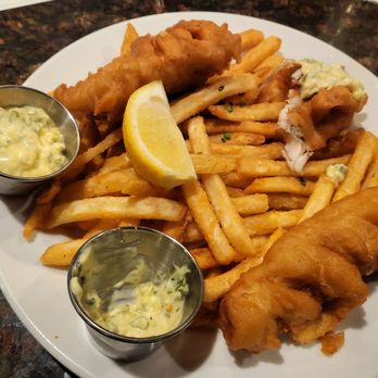 Hell's Kitchen - Walleye fish and chips, with one of the fish pieces partially eaten-- all most forgot to take a picture - New American Near Me - Minneapolis, Minnesota Hell's Kitchen - Walleye fish and chips, with one of the fish pieces partially eaten-- all most forgot to take a picture - New American Near Me - Minneapolis, Minnesota