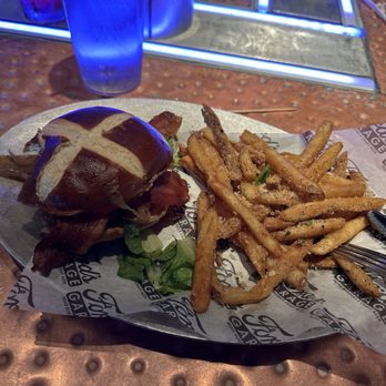 Ford's Garage Florence - Black and Bleu (chicken) Burger and truffle fries - Burgers Near Me - Florence, Kentucky Ford's Garage Florence - Black and Bleu (chicken) Burger and truffle fries - Burgers Near Me - Florence, Kentucky