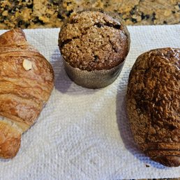 Almond croissant, chocolate chip banana muffin, and pain au chocolat