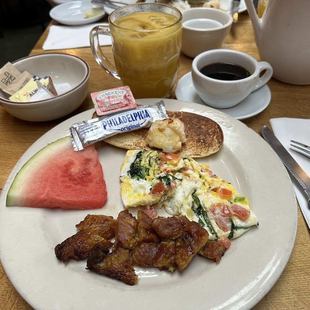 Cafe Brasil - Collard green egg scramble with toast, cheese Bread, water melon, coffee, passion fruit juice - Brazilian Near Me - Los Angeles, California
