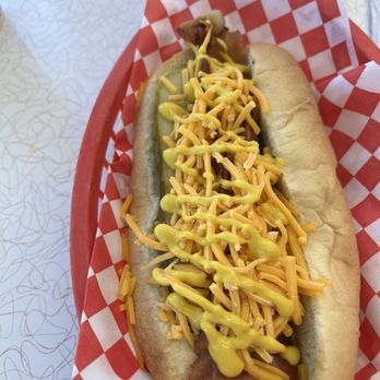 Up Dog - Missouri Hot Dog. Bacon, pickle, cheese and mustard. - Hot Dogs Near Me - Independence, Missouri Up Dog - Missouri Hot Dog. Bacon, pickle, cheese and mustard. - Hot Dogs Near Me - Independence, Missouri
