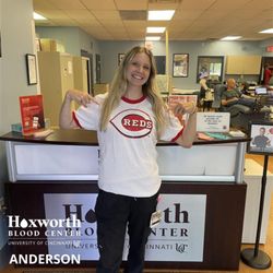 Hoxworth Blood Center - Anderson Phlebotomist wearing the Reds July monthly gift!
