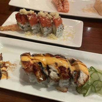 EAT'S SUSHI - BLACK SPIDER ROLL (front) HOT NIGHT ROLL (back) - Sushi Bars Near Me - Costa Mesa, California EAT'S SUSHI - BLACK SPIDER ROLL (front) HOT NIGHT ROLL (back) - Sushi Bars Near Me - Costa Mesa, California