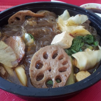 Dumpling King - Vegetarian Hot Spicy Dip:  bean noodles w lotus root,  cabbage,  bok choy,  tofu,  taro and mochi. - Chinese Near Me - North Miami Beach, Florida