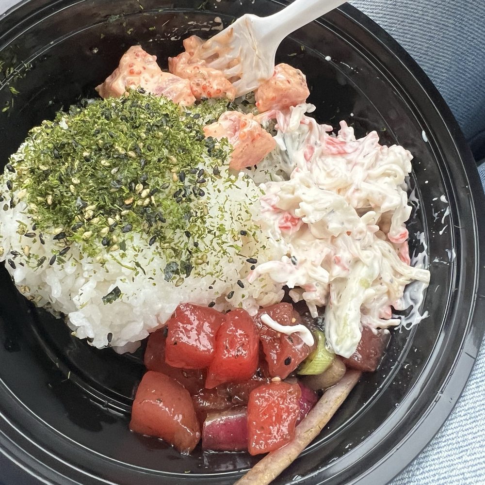 One scoop rice, imitation crab salad, spicy Ahi Poke and my favorite Furikake poke One scoop rice, imitation crab salad, spicy Ahi Poke and my favorite Furikake poke