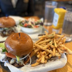 The Pub At Lake Cuyamaca - Mashroom swiss burger with garlic Parmesan fries.