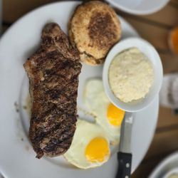 Peach Valley Cafe - Breakfast Steak with grits and and English Muffin