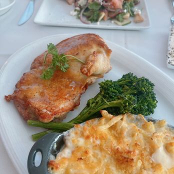 Vintner Grill - free-range half chicken with truffle honey-mustard glaze, trofie pasta "mac and cheese" and broccolini. So juicy!! - New American Near Me - Las Vegas, Nevada Vintner Grill - free-range half chicken with truffle honey-mustard glaze, trofie pasta "mac and cheese" and broccolini. So juicy!! - New American Near Me - Las Vegas, Nevada