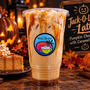 Wake Up Call - One of our Halloween season specials: The Jack-O-Lantern Latte! It's a Pumpkin Cheesecake Latte with Caramel Drizzle. - Coffee & Tea Near Me - Blackfoot, Idaho Wake Up Call - One of our Halloween season specials: The Jack-O-Lantern Latte! It's a Pumpkin Cheesecake Latte with Caramel Drizzle. - Coffee & Tea Near Me - Blackfoot, Idaho