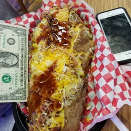 Their Grand Slam baked potato, covered with pulled pork, cheese, onions and BBQ sauce.  It is kinda BIG, and tasty.