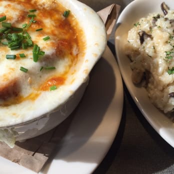 Bazille at Nordstrom - French onion soup and side of mushroom risotto. - New American Near Me - Jacksonville, Florida