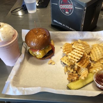 Charred Foods - Charred Burger, Waffle Fries, and a Strawberry Shake. - Burgers Near Me - Herndon, Virginia Charred Foods - Charred Burger, Waffle Fries, and a Strawberry Shake. - Burgers Near Me - Herndon, Virginia
