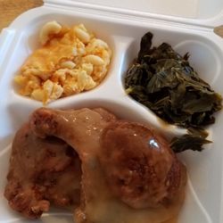 The Good Kitchen - Smothered pork chops, mac, greens.