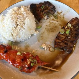 Chicken skewer, pork belly,rice Chicken skewer, pork belly,rice