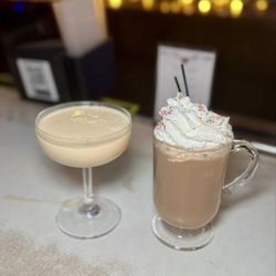 Vanilla and spice eggnog and bartender's iced peppermint mocha