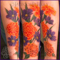Jelly’s Surly Skull - Marigolds and Cosmos * R. Inner Forearm * by Jelly