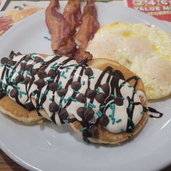 Denny's - Loved these Beetlejuice-inspired mini pancackes with three over easy eggs and three bacon strips. - Diners Near Me - Fort Pierce, Florida