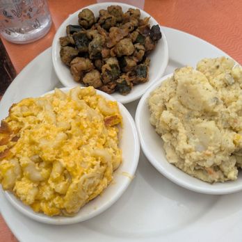 Amy Ruth's - sides platter: very cheezy mac n cheese, cold potato salad (very good), crispy fried okra - Southern Near Me - New York, New York Amy Ruth's - sides platter: very cheezy mac n cheese, cold potato salad (very good), crispy fried okra - Southern Near Me - New York, New York