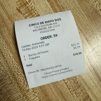 Cinco de Mayo Dos - Order receipt - Meat Shops Near Me - Baltimore, Maryland Cinco de Mayo Dos - Order receipt - Meat Shops Near Me - Baltimore, Maryland