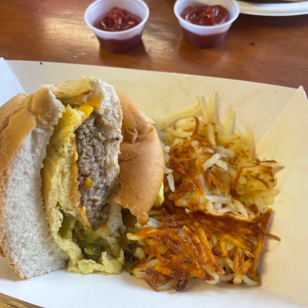 Breakfast on a Bun with Sausage and side of Hash Browns Breakfast on a Bun with Sausage and side of Hash Browns