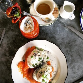 Joseph Leonard - Salmon Benedict complimented by a Bloody Caesar. Delicious. - New American Near Me - New York, New York