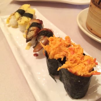Sushi Today - From front snow crab sashimi, Bbq unagi, tamago sashimi - Sushi Bars Near Me - Whitby, Ontario Sushi Today - From front snow crab sashimi, Bbq unagi, tamago sashimi - Sushi Bars Near Me - Whitby, Ontario