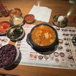 Beef tofu soup and banchan Beef tofu soup and banchan