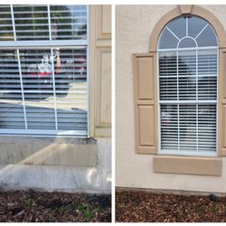 Rinse Runner - Before and after a Softwash cleaning of a window.