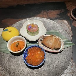 Starting course- uni and caviar, abalone, ikura, bluefin tuna