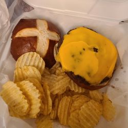 Green Town Tavern - The Burger with American on Pretzel Bun