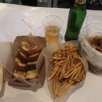 Let's Sea - Garlic Bread, Cajun Fries, Pound of shrimp with corn and potatoes, and Chang Beer. - Seafood Near Me - South Gate, California