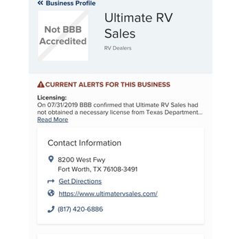 Ultimate RV - They say they are accredited with the BBB, but the BBB website says otherwise. - RV Dealers Near Me - Fort Worth, Texas Ultimate RV - They say they are accredited with the BBB, but the BBB website says otherwise. - RV Dealers Near Me - Fort Worth, Texas