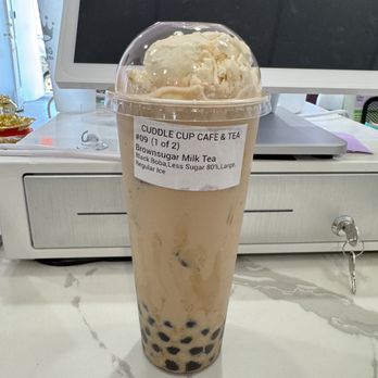 Cuddle Cup Cafe & Tea - The best seller Brown sugar Milk Tea with a scoop of vanilla ice cream on top!!! - Bubble Tea Near Me - Medford, Massachusetts