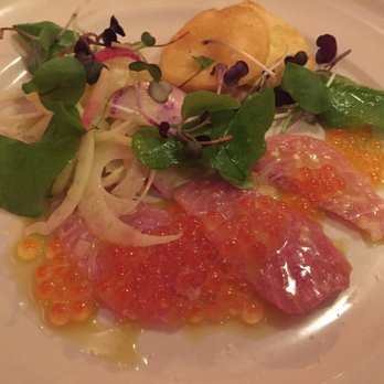Chez Panisse - Yellowtail carpaccio with fried Meyer lemon, salmon roe and fennel slaw - New American Near Me - Berkeley, California