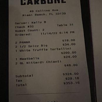 Carbone - Bill for 2 - New American Near Me - Miami Beach, Florida Carbone - Bill for 2 - New American Near Me - Miami Beach, Florida