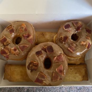 Donut Bistro - Maple Bacon Glazed and 3 fruit filled "burritos". That is real bacon and its good! - Donuts Near Me - Sparks, Nevada
