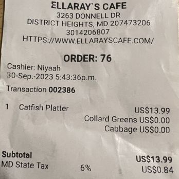 EllaRay's Cafe - Receipt - Soul Food Near Me - Forestville, Maryland