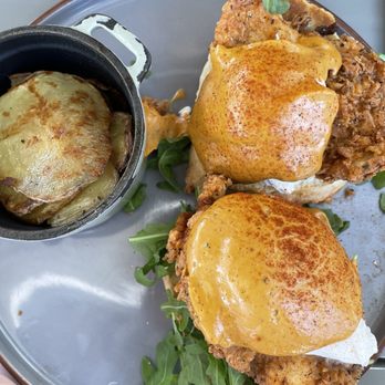 Sugar and Scribe - SPICY CRISPY CLUCKER BENEDICT--southern fried chicken, poached egg, buttermilk biscuit, arugula, chipotle BBQ hollandaise - Bakeries Near Me - La Jolla, California Sugar and Scribe - SPICY CRISPY CLUCKER BENEDICT--southern fried chicken, poached egg, buttermilk biscuit, arugula, chipotle BBQ hollandaise - Bakeries Near Me - La Jolla, California