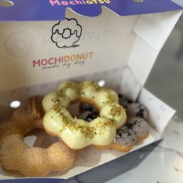 Pistachio, churro and cookies and cream mochi donuts