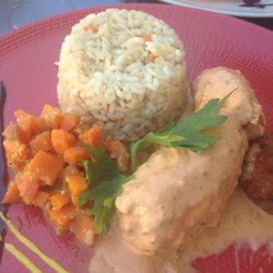 L'Eden - Fiambre de pollo con champiñón relleno, arroz y zanahorias