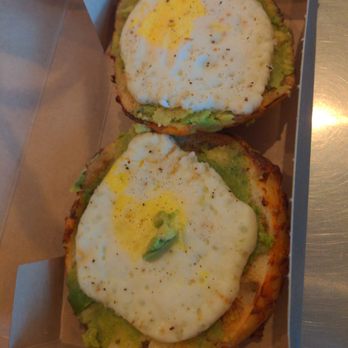 Einstein Bros. Bagels - Avocado toast with egg on six cheese bagel - Bagels Near Me - San Diego, California Einstein Bros. Bagels - Avocado toast with egg on six cheese bagel - Bagels Near Me - San Diego, California
