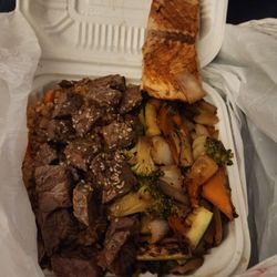 Katana Hibachi Express - NY steak and Salmon Combo with Fried Rice. Delish!!!