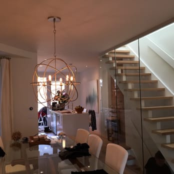 2 B Wired - Danforth complete gut/reno, viewing kitchen through chandelier at dinning room, architectural spotlight configurations throughout - Electricians Near Me - Mississauga, Ontario