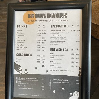 Groundwork Coffee - Menu as of 12/04/2022 - Coffee & Tea Near Me - Los Angeles, California Groundwork Coffee - Menu as of 12/04/2022 - Coffee & Tea Near Me - Los Angeles, California
