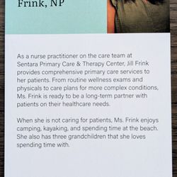 Sentara - This is the front side of an info card of Jill Frink, one of the Primary Care Providers.  Photo taken December 31, 2025.
