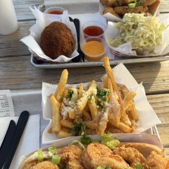 Big Ray's Fish Camp - Shrimp Po' Boy Side of Fries Side of Slaw Deviled Crab grouper cheeks - Seafood Near Me - Tampa, Florida